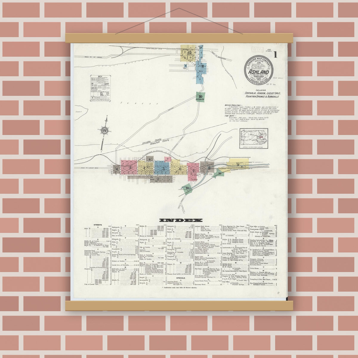 Old map wall art mockup — magnetic wood frame on brick wall — Sanborn Fire Insurance Map from Ashland, Schuylkill County, Pennsylvania (1913), Sheet #0001
