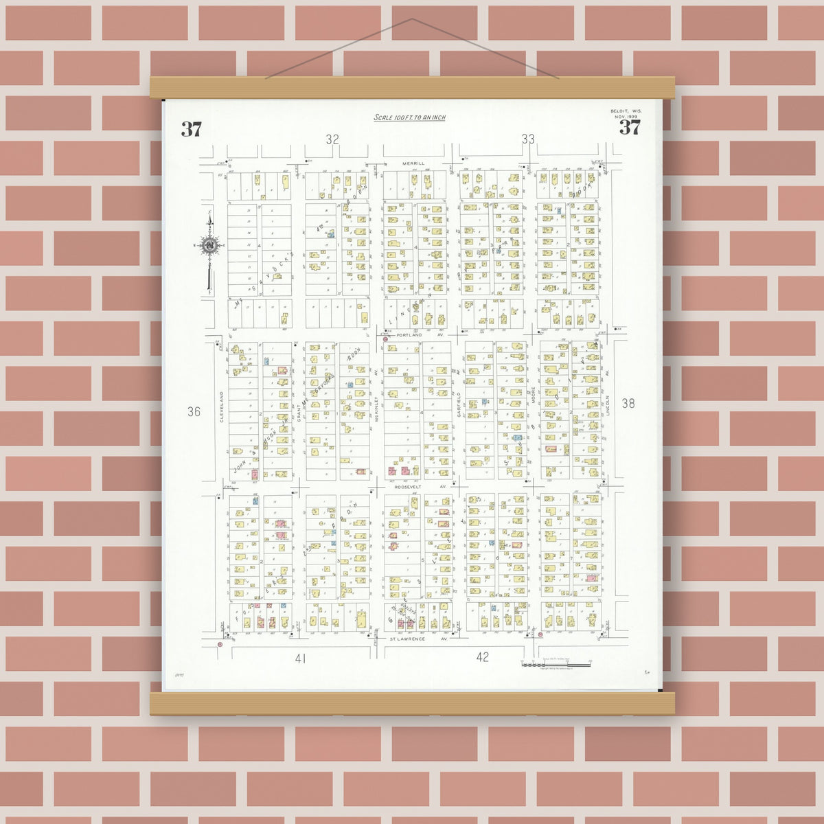 Old map wall art mockup — magnetic wood frame on brick wall — Sanborn Fire Insurance Map from Beloit, Rock County, Wisconsin (1939), Sheet #0037