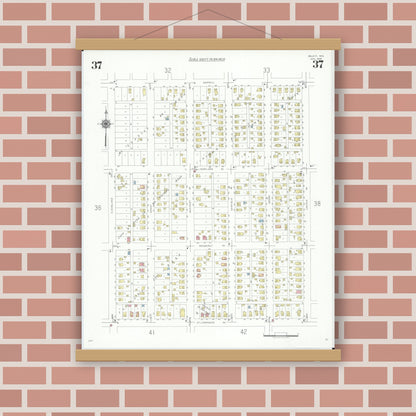 Old map wall art mockup — magnetic wood frame on brick wall — Sanborn Fire Insurance Map from Beloit, Rock County, Wisconsin (1939), Sheet #0037