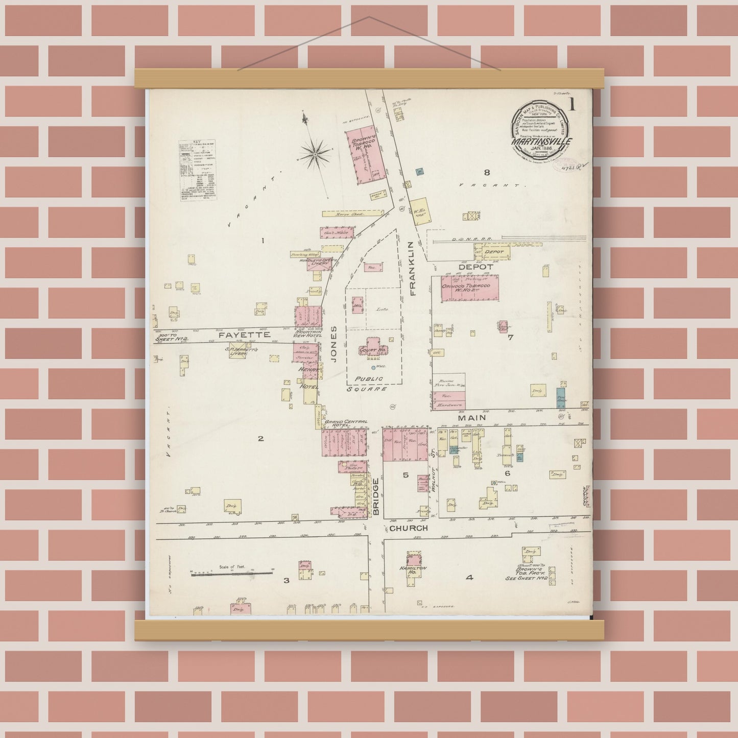 Old map wall art mockup — magnetic wood frame on brick wall — Sanborn Fire Insurance Map from Martinsville, Independent Cities, Virginia (1886), Sheet #0001
