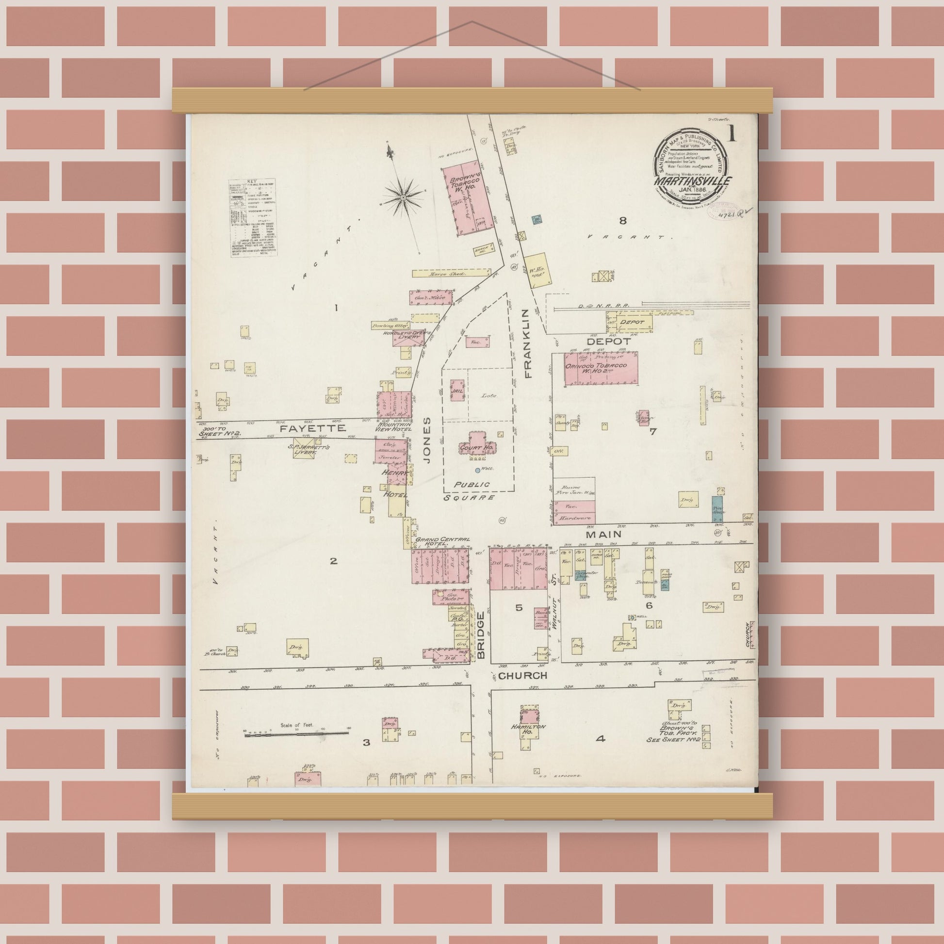 Old map wall art mockup — magnetic wood frame on brick wall — Sanborn Fire Insurance Map from Martinsville, Independent Cities, Virginia (1886), Sheet #0001