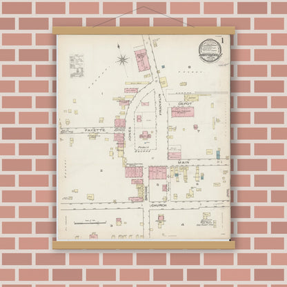 Old map wall art mockup — magnetic wood frame on brick wall — Sanborn Fire Insurance Map from Martinsville, Independent Cities, Virginia (1886), Sheet #0001