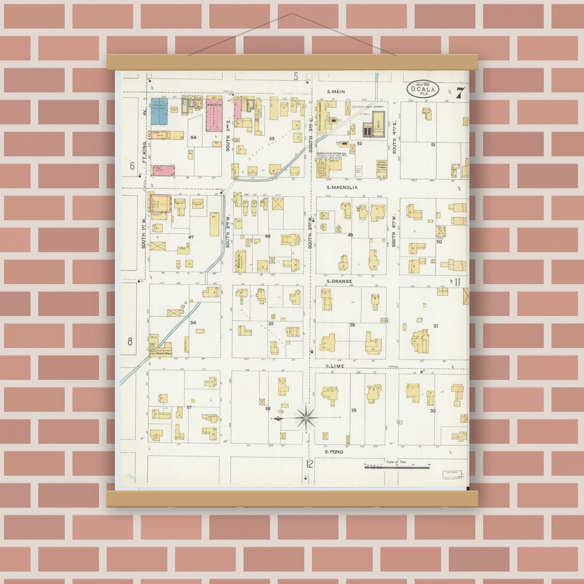 Old map wall art mockup — magnetic wood frame on brick wall — Sanborn Fire Insurance Map from Ocala, Marion County, Florida (1906), Sheet #0007