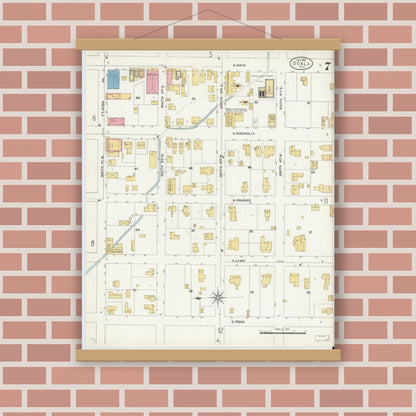 Old map wall art mockup — magnetic wood frame on brick wall — Sanborn Fire Insurance Map from Ocala, Marion County, Florida (1906), Sheet #0007