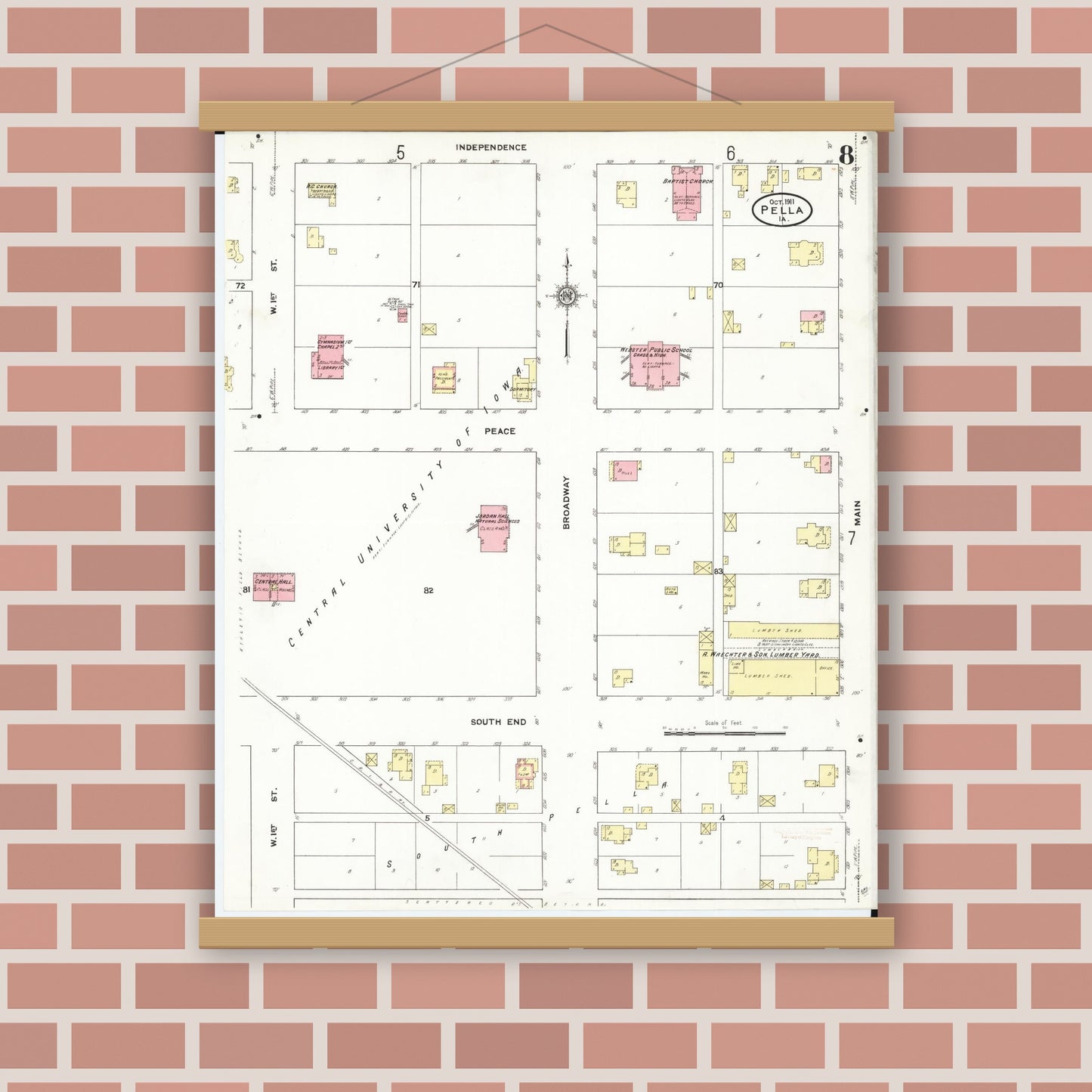 Old map wall art mockup — magnetic wood frame on brick wall — Sanborn Fire Insurance Map from Pella, Marion County, Iowa (1911), Sheet #0008