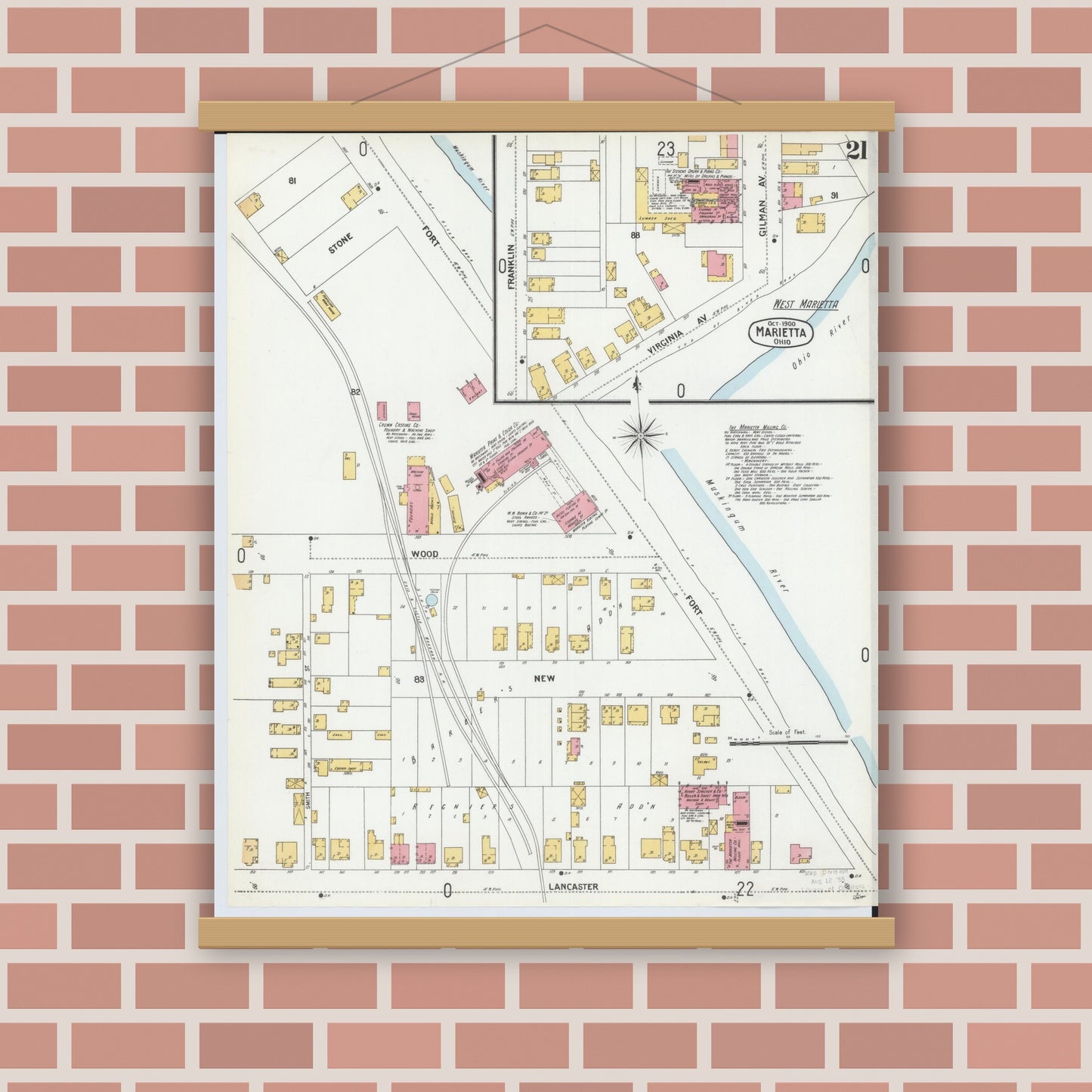 Old map wall art mockup — magnetic wood frame on brick wall — Sanborn Fire Insurance Map from Marietta, Washington County, Ohio (1900), Sheet #0021