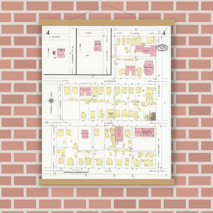 Old map wall art mockup — magnetic wood frame on brick wall — Sanborn Fire Insurance Map from Tyler, Smith County, Texas (1928), Sheet #0004