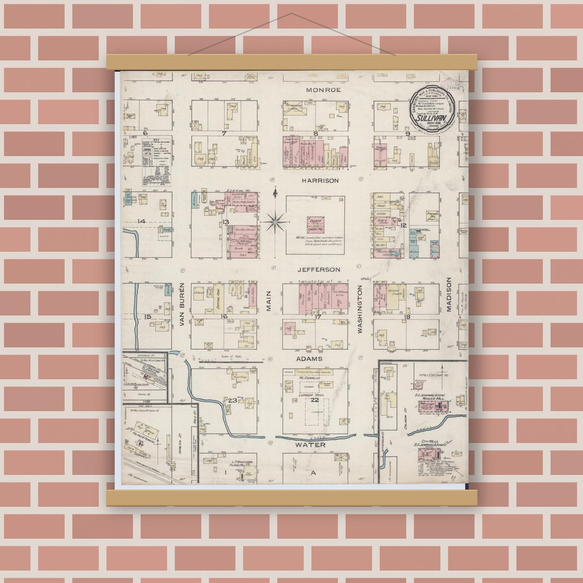 Old map wall art mockup — magnetic wood frame on brick wall — Sanborn Fire Insurance Map from Sullivan, Moultrie County, Illinois (1886), Sheet #0001