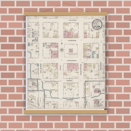 Old map wall art mockup — magnetic wood frame on brick wall — Sanborn Fire Insurance Map from Sullivan, Moultrie County, Illinois (1886), Sheet #0001