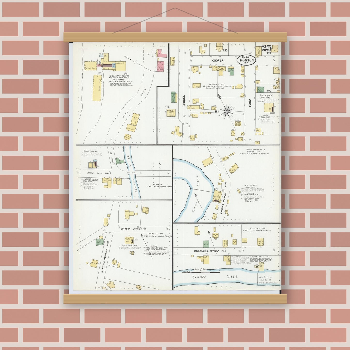 Old map wall art mockup — magnetic wood frame on brick wall — Sanborn Fire Insurance Map from Ironton, Lawrence County, Ohio (1900), Sheet #0025