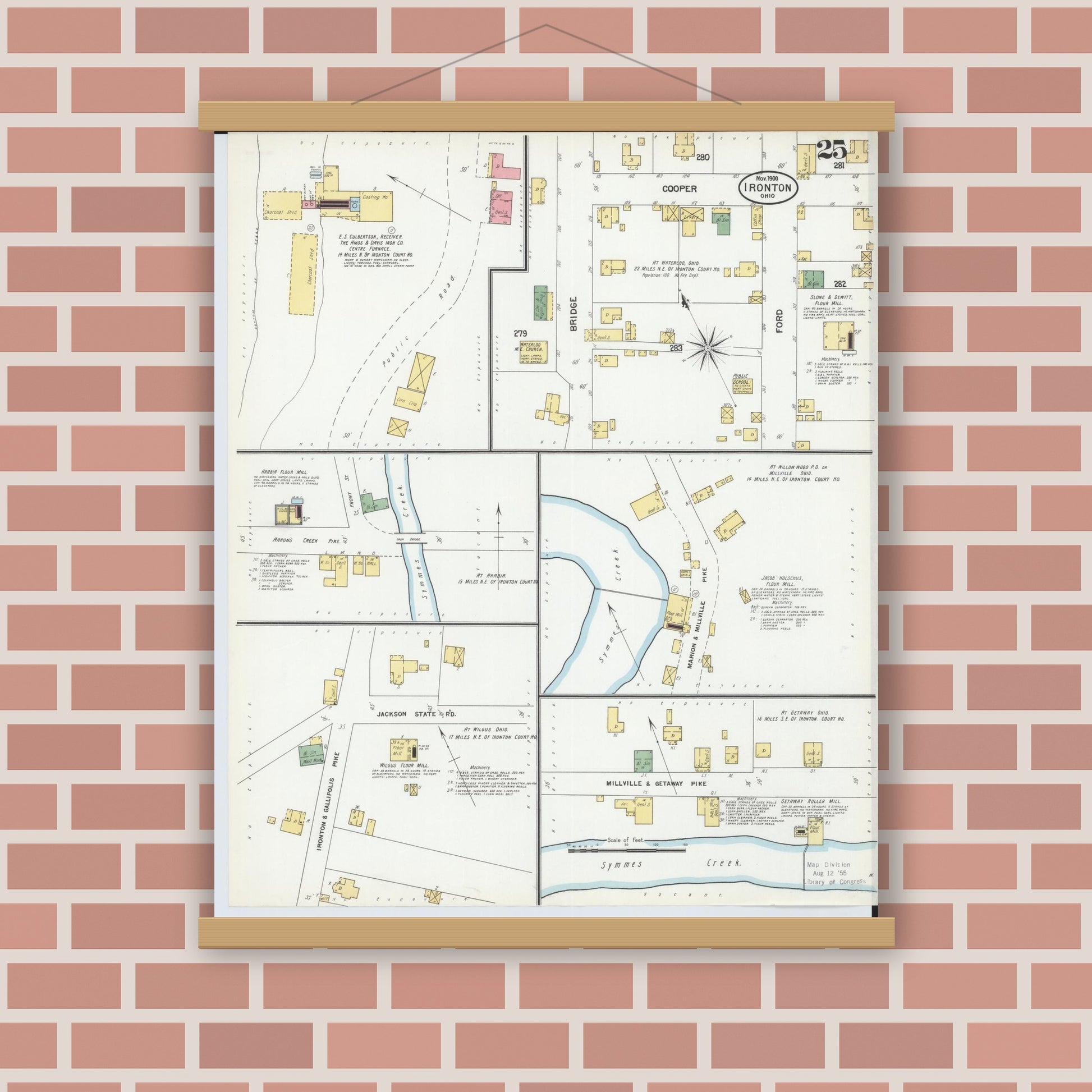 Old map wall art mockup — magnetic wood frame on brick wall — Sanborn Fire Insurance Map from Ironton, Lawrence County, Ohio (1900), Sheet #0025
