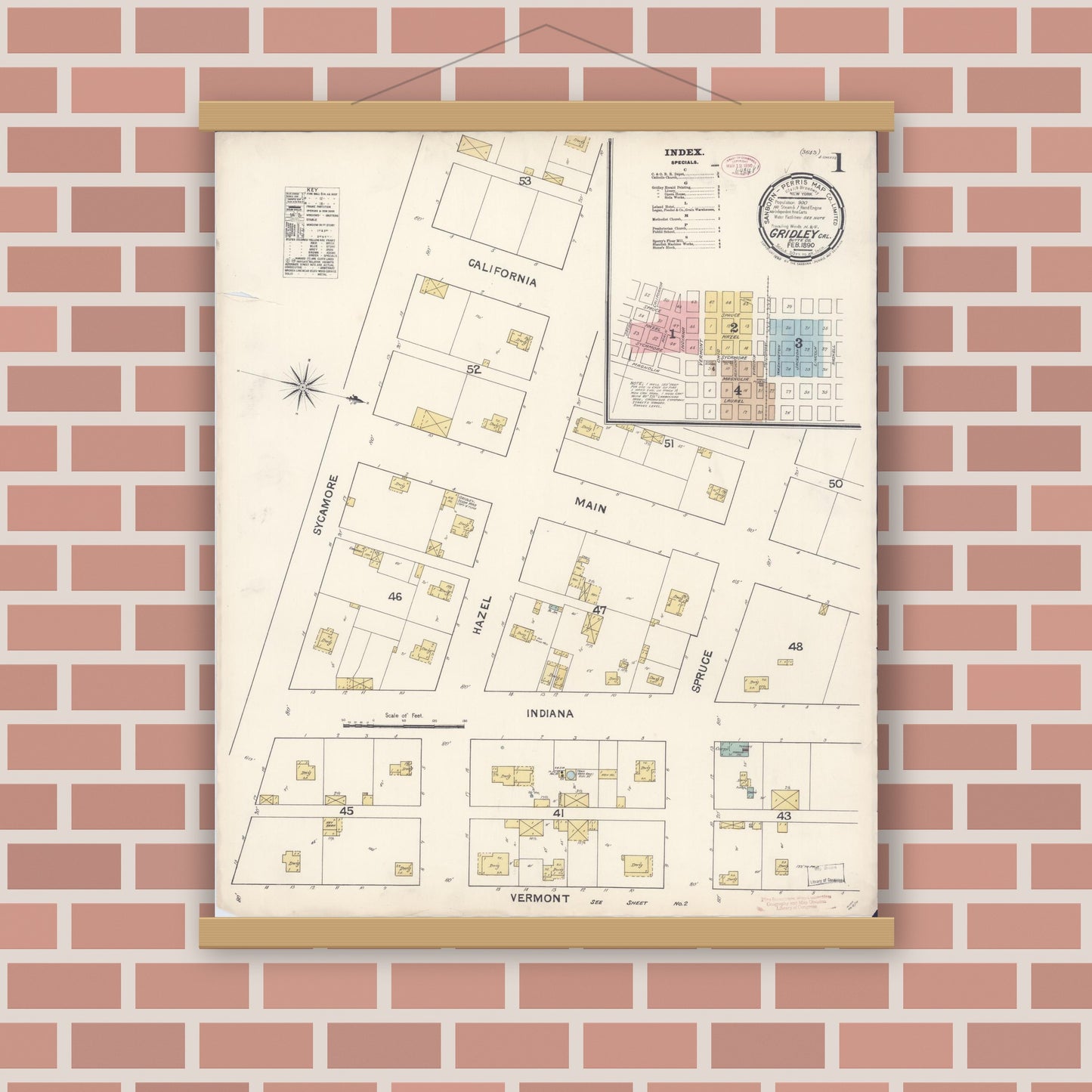 Old map wall art mockup — magnetic wood frame on brick wall — Sanborn Fire Insurance Map from Gridley, Butte County, California (1890) - Complete Map Set