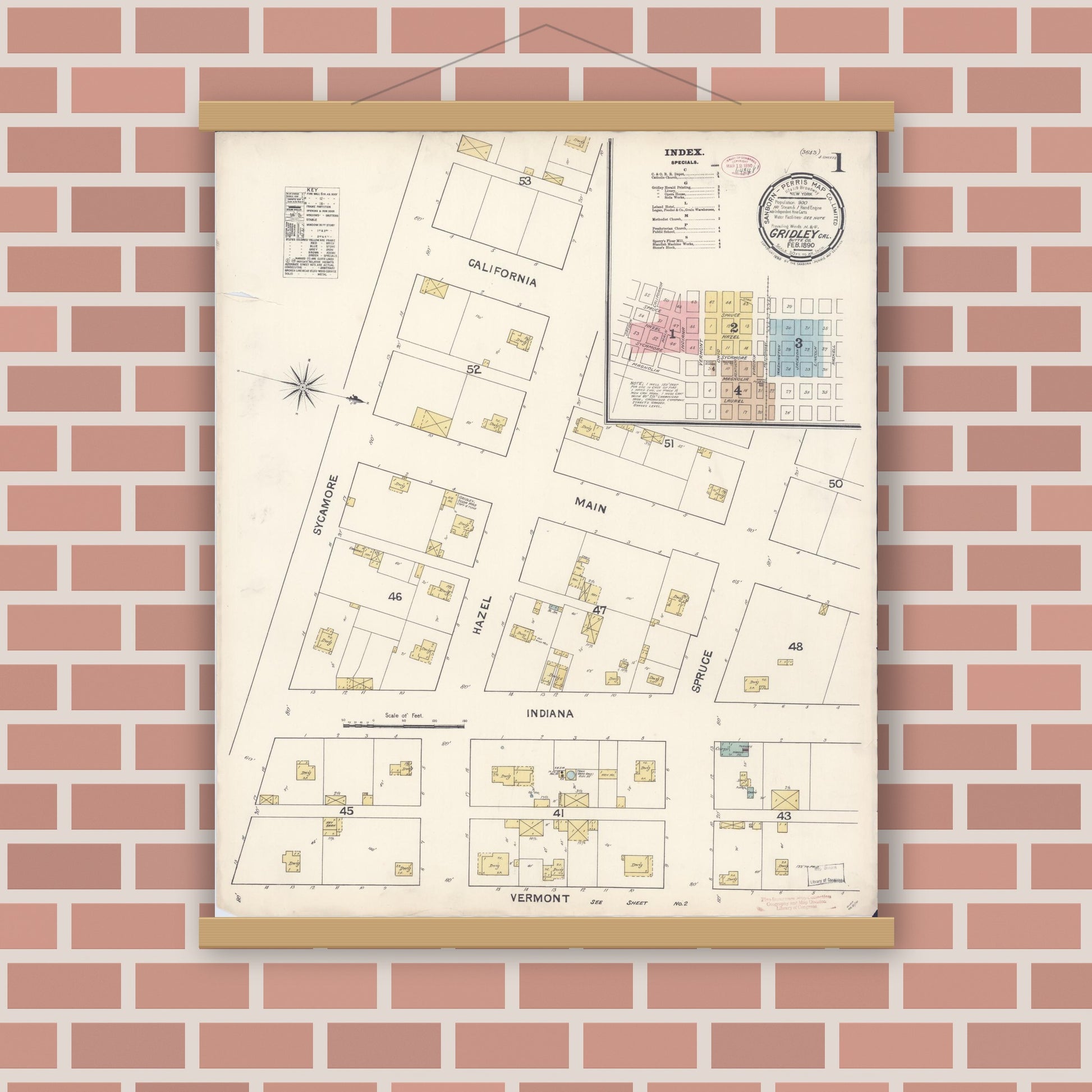 Old map wall art mockup — magnetic wood frame on brick wall — Sanborn Fire Insurance Map from Gridley, Butte County, California (1890) - Complete Map Set
