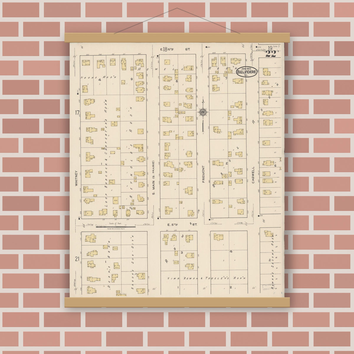 Old map wall art mockup — magnetic wood frame on brick wall — Sanborn Fire Insurance Map from Belvidere, Boone County, Illinois (1922), Sheet #0022