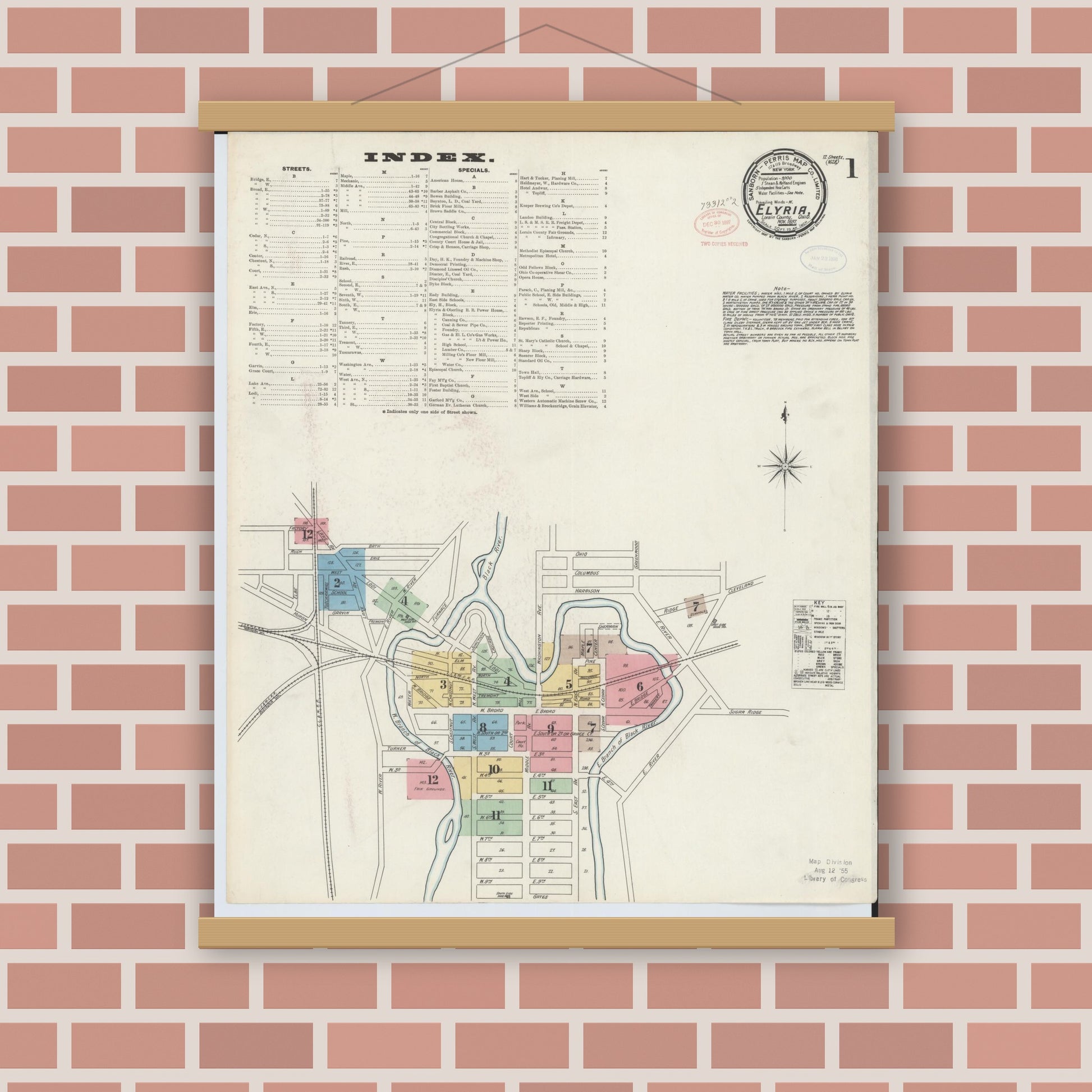 Old map wall art mockup — magnetic wood frame on brick wall — Sanborn Fire Insurance Map from Elyria, Lorain County, Ohio (1897), Sheet #0001