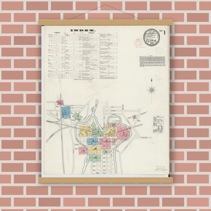Old map wall art mockup — magnetic wood frame on brick wall — Sanborn Fire Insurance Map from Elyria, Lorain County, Ohio (1897), Sheet #0001