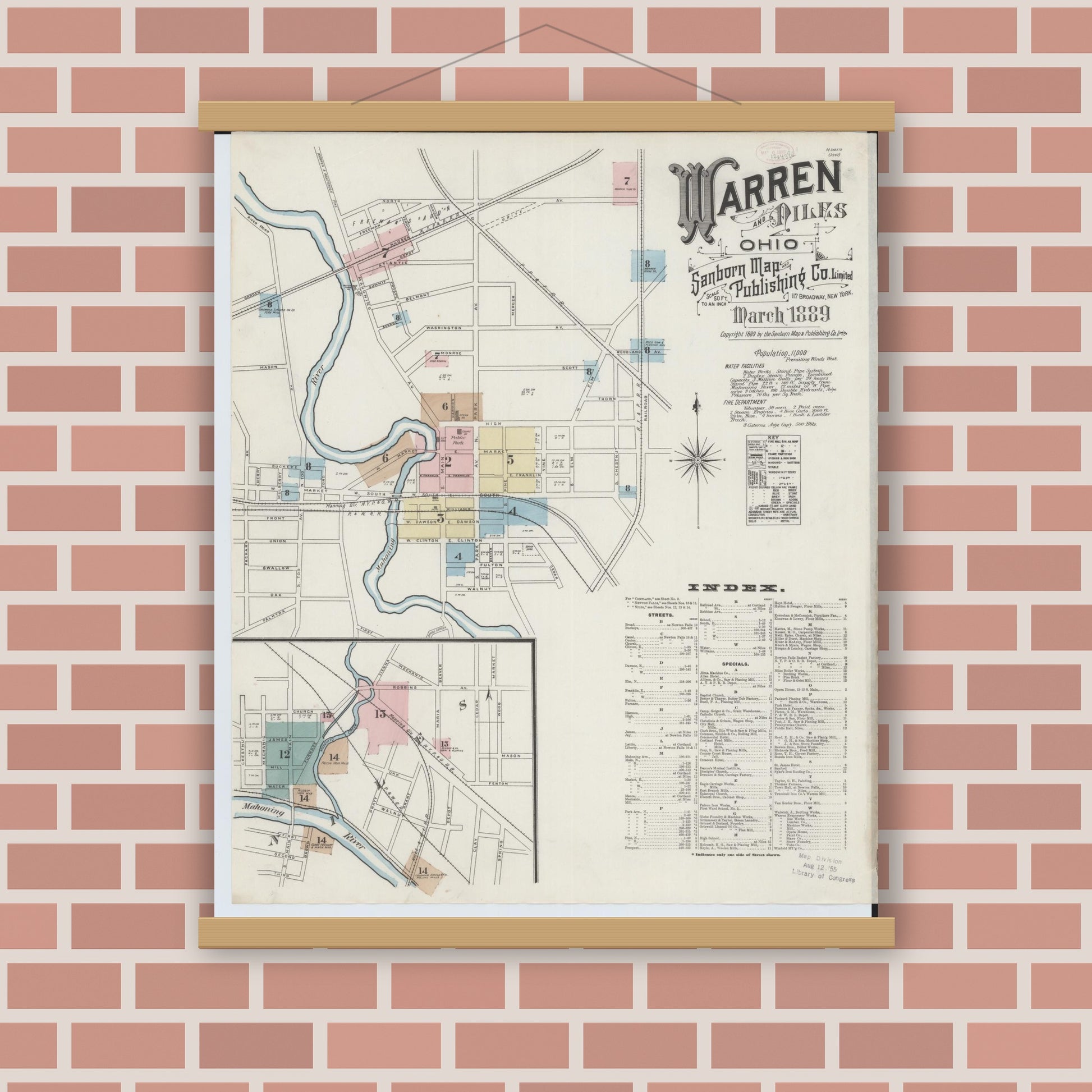Old map wall art mockup — magnetic wood frame on brick wall — Sanborn Fire Insurance Map from Warren, Trumbull County, Ohio (1889) - Complete Map Set