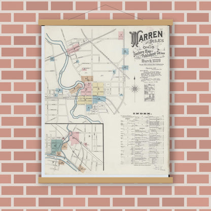 Old map wall art mockup — magnetic wood frame on brick wall — Sanborn Fire Insurance Map from Warren, Trumbull County, Ohio (1889) - Complete Map Set