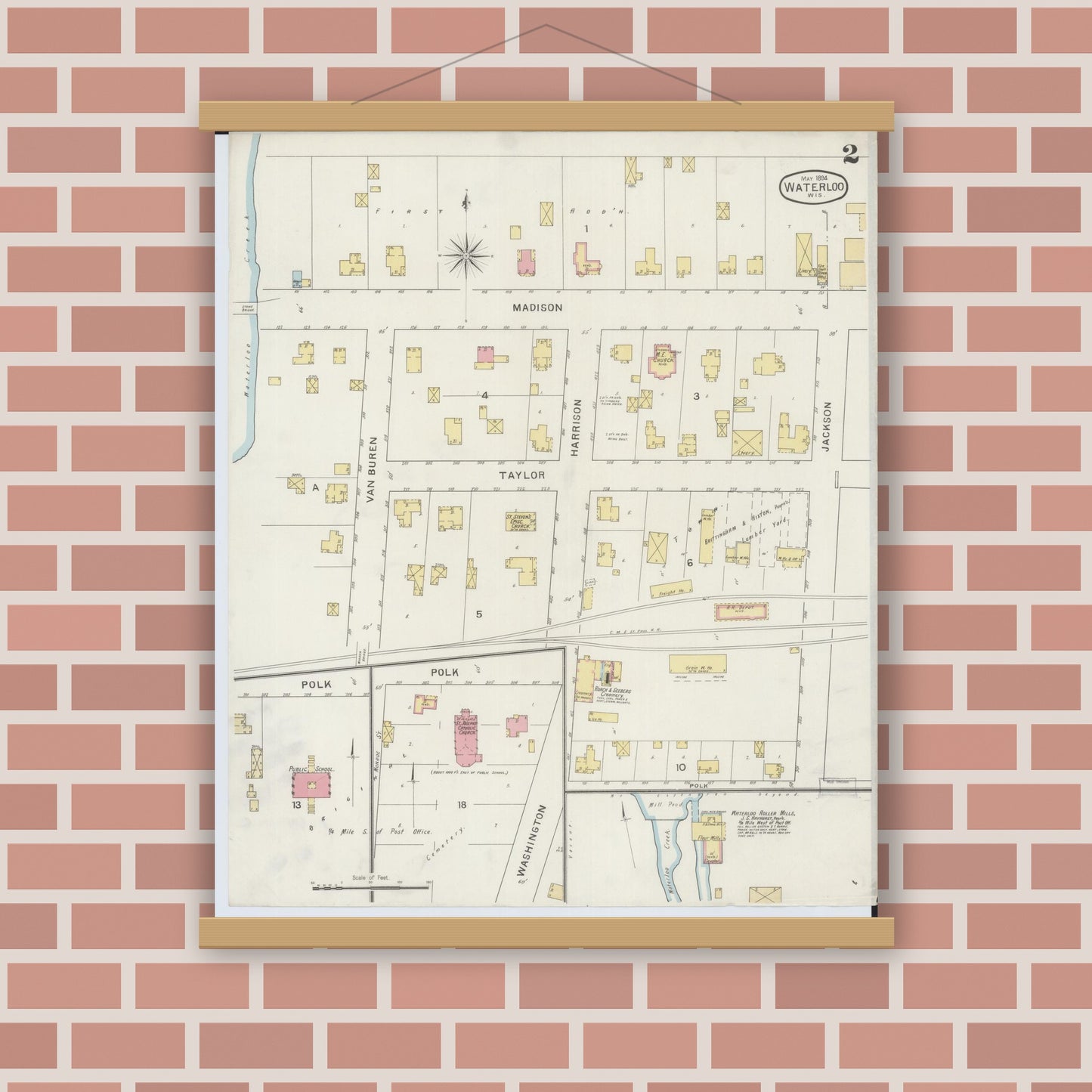 Old map wall art mockup — magnetic wood frame on brick wall — Sanborn Fire Insurance Map from Waterloo, Jefferson County, Wisconsin (1894), Sheet #0002