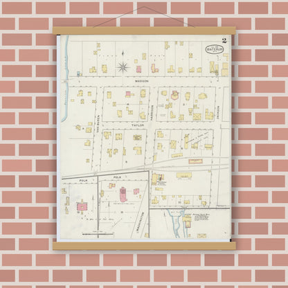 Old map wall art mockup — magnetic wood frame on brick wall — Sanborn Fire Insurance Map from Waterloo, Jefferson County, Wisconsin (1894), Sheet #0002