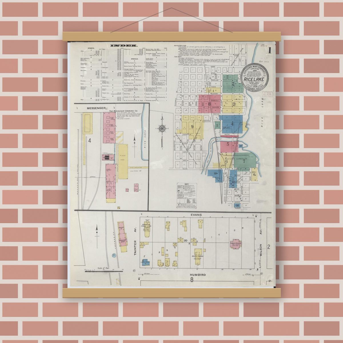 Old map wall art mockup — magnetic wood frame on brick wall — Sanborn Fire Insurance Map from Rice Lake, Barron County, Wisconsin (1909), Sheet #0001