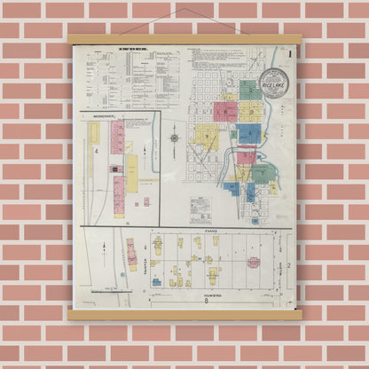Old map wall art mockup — magnetic wood frame on brick wall — Sanborn Fire Insurance Map from Rice Lake, Barron County, Wisconsin (1909), Sheet #0001