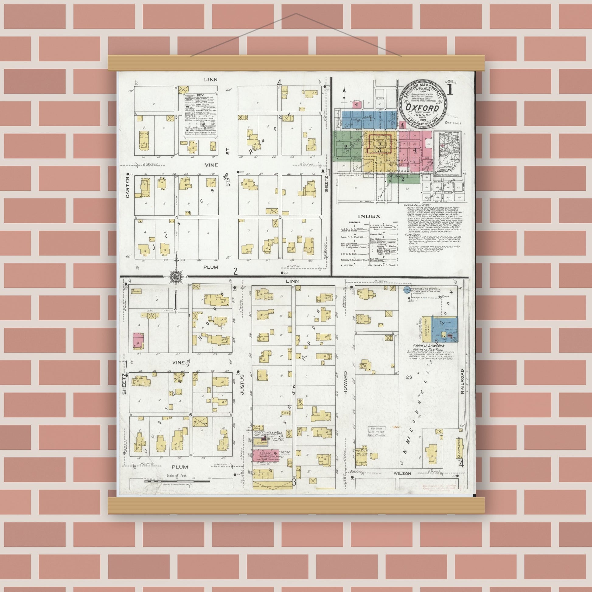 Old map wall art mockup — magnetic wood frame on brick wall — Sanborn Fire Insurance Map from Oxford, Benton County, Indiana (1919) - Complete Map Set