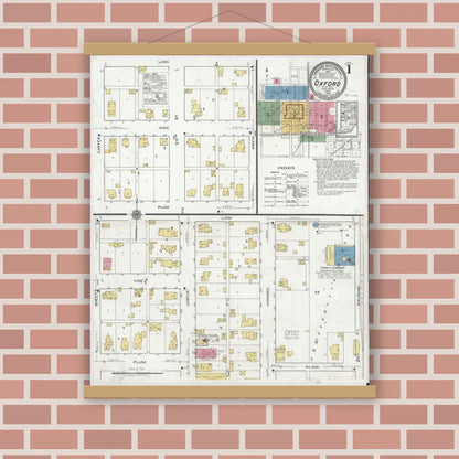 Old map wall art mockup — magnetic wood frame on brick wall — Sanborn Fire Insurance Map from Oxford, Benton County, Indiana (1919) - Complete Map Set