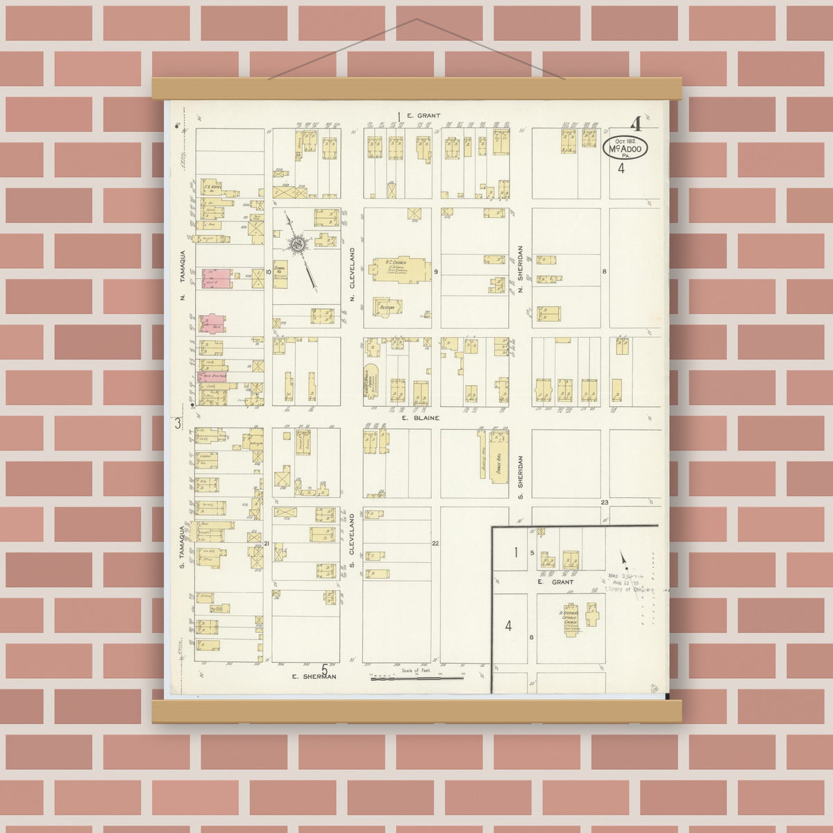 Old map wall art mockup — magnetic wood frame on brick wall — Sanborn Fire Insurance Map from McAdoo, Schuylkill County, Pennsylvania (1912), Sheet #0004