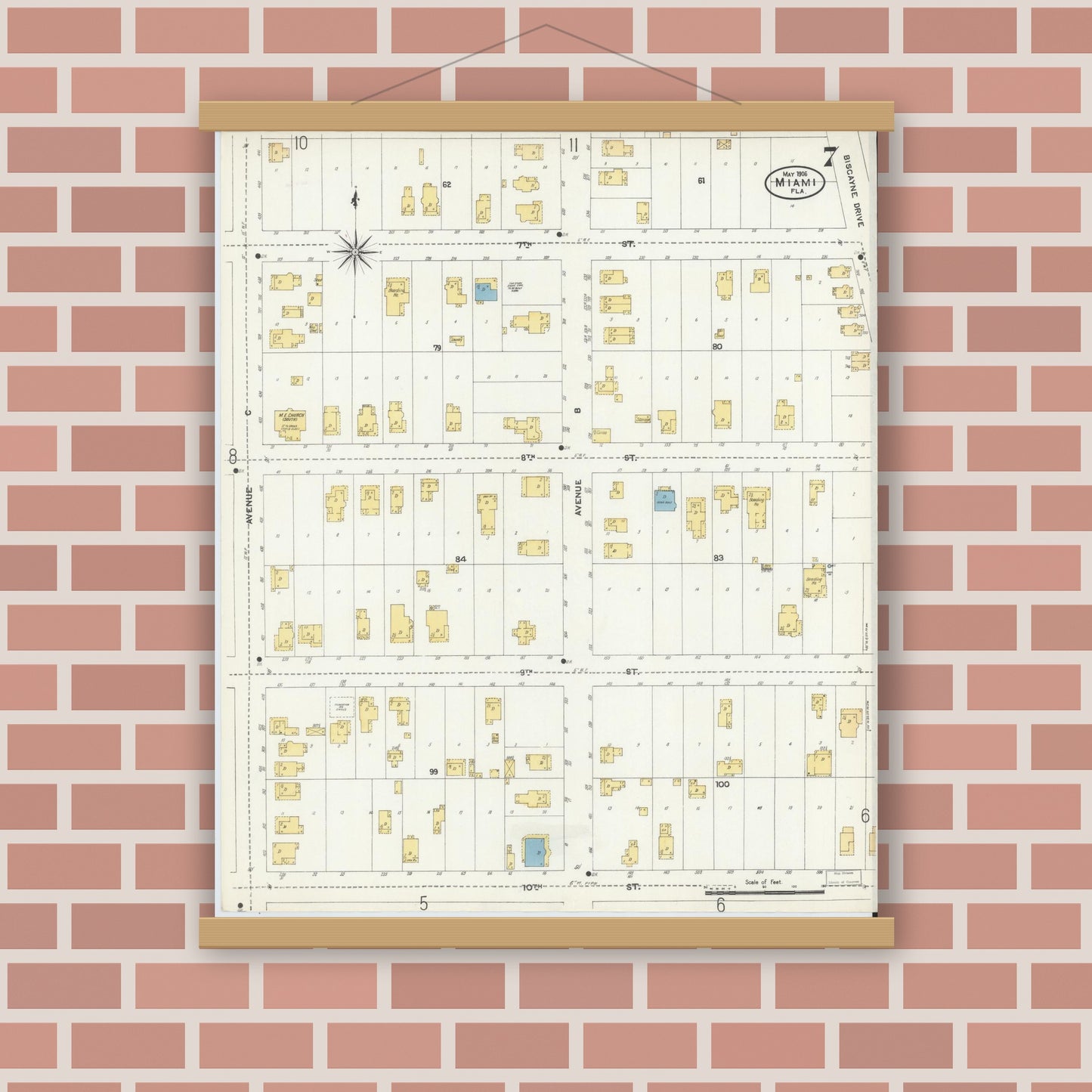 Old map wall art mockup — magnetic wood frame on brick wall — Sanborn Fire Insurance Map from Miami, Dade County, Florida (1906), Sheet #0007