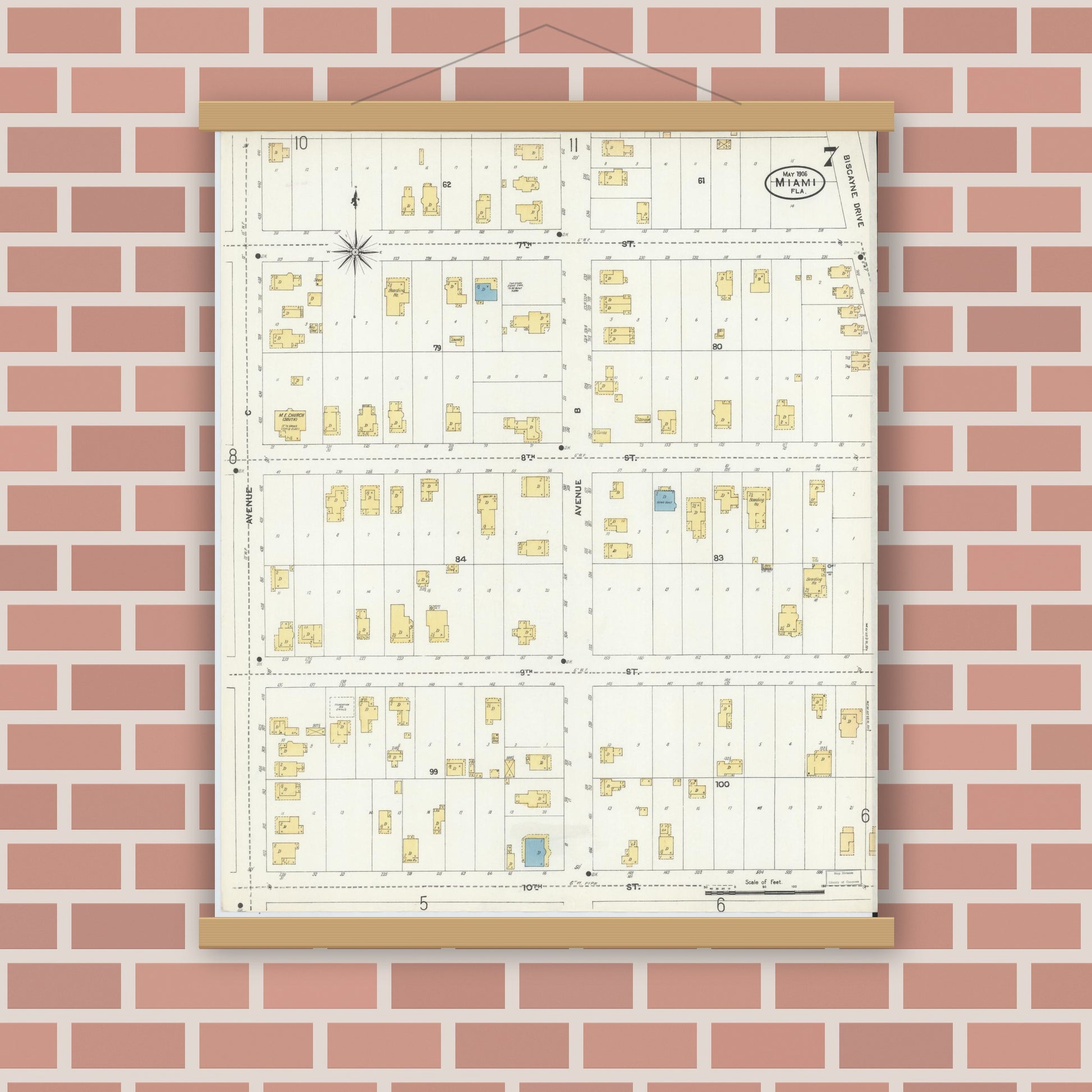 Old map wall art mockup — magnetic wood frame on brick wall — Sanborn Fire Insurance Map from Miami, Dade County, Florida (1906), Sheet #0007