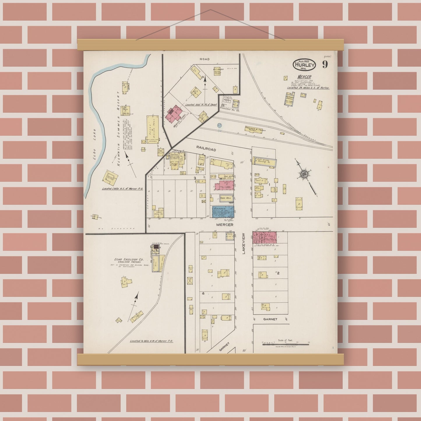 Old map wall art mockup — magnetic wood frame on brick wall — Sanborn Fire Insurance Map from Hurley, Iron County, Wisconsin (1922), Sheet #0009