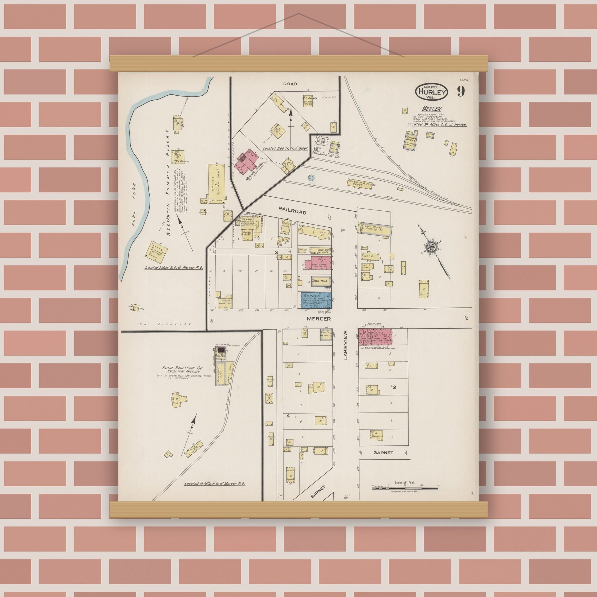 Old map wall art mockup — magnetic wood frame on brick wall — Sanborn Fire Insurance Map from Hurley, Iron County, Wisconsin (1922), Sheet #0009