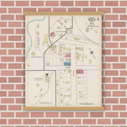 Old map wall art mockup — magnetic wood frame on brick wall — Sanborn Fire Insurance Map from Hurley, Iron County, Wisconsin (1922), Sheet #0009