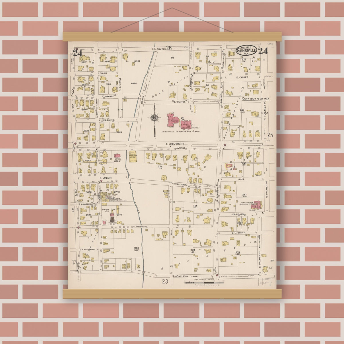 Old map wall art mockup — magnetic wood frame on brick wall — Sanborn Fire Insurance Map from Gainesville, Alachua County, Florida (1922), Sheet #0024