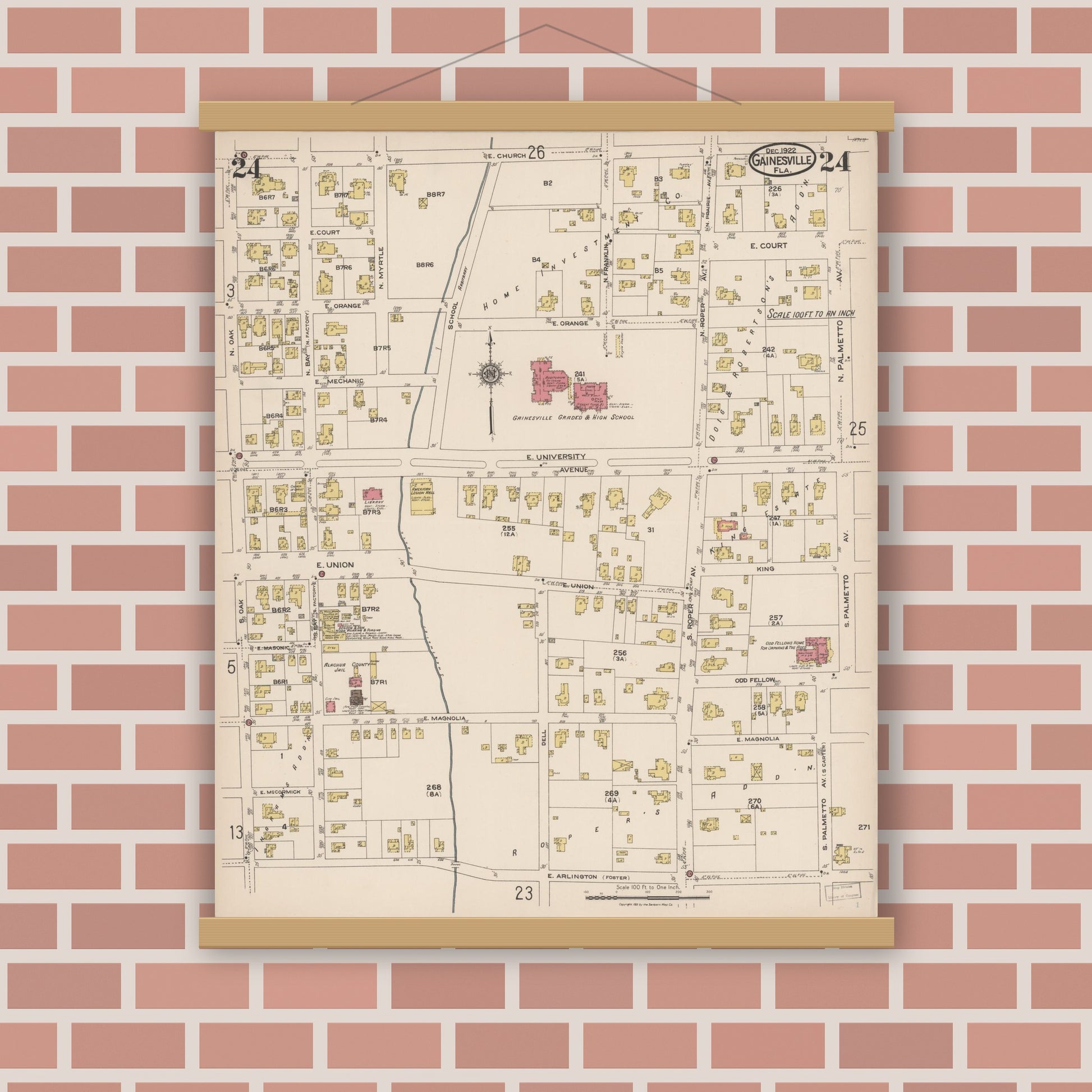 Old map wall art mockup — magnetic wood frame on brick wall — Sanborn Fire Insurance Map from Gainesville, Alachua County, Florida (1922), Sheet #0024