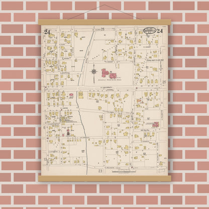 Old map wall art mockup — magnetic wood frame on brick wall — Sanborn Fire Insurance Map from Gainesville, Alachua County, Florida (1922), Sheet #0024