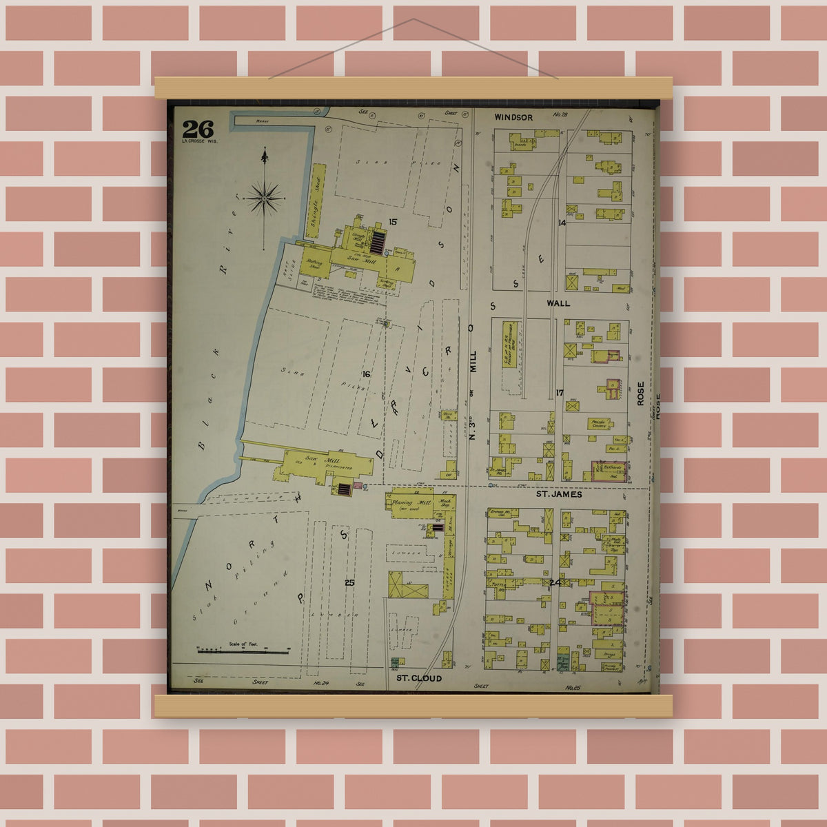 Old map wall art mockup — magnetic wood frame on brick wall — Sanborn Fire Insurance Map from La Crosse, La Crosse County, Wisconsin (1891), Sheet #0026