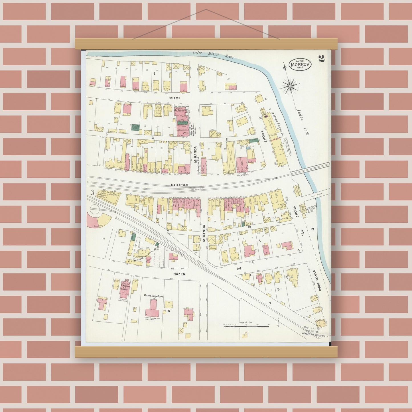 Old map wall art mockup — magnetic wood frame on brick wall — Sanborn Fire Insurance Map from Morrow, Warren County, Ohio (1901), Sheet #0002