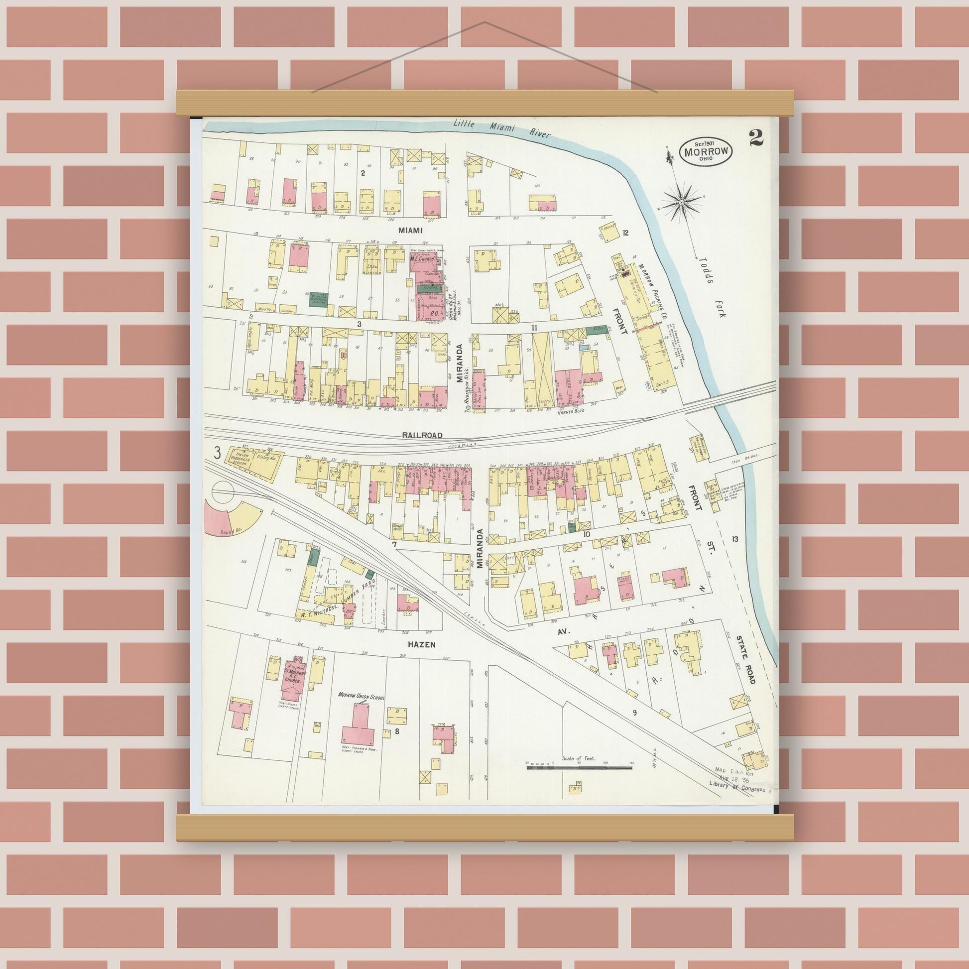 Old map wall art mockup — magnetic wood frame on brick wall — Sanborn Fire Insurance Map from Morrow, Warren County, Ohio (1901), Sheet #0002
