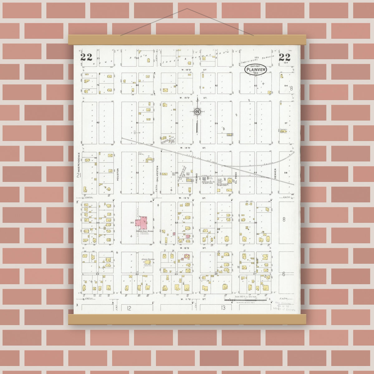 Old map wall art mockup — magnetic wood frame on brick wall — Sanborn Fire Insurance Map from Plainview, Hale County, Texas (1927), Sheet #0022