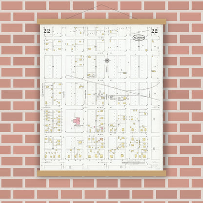Old map wall art mockup — magnetic wood frame on brick wall — Sanborn Fire Insurance Map from Plainview, Hale County, Texas (1927), Sheet #0022