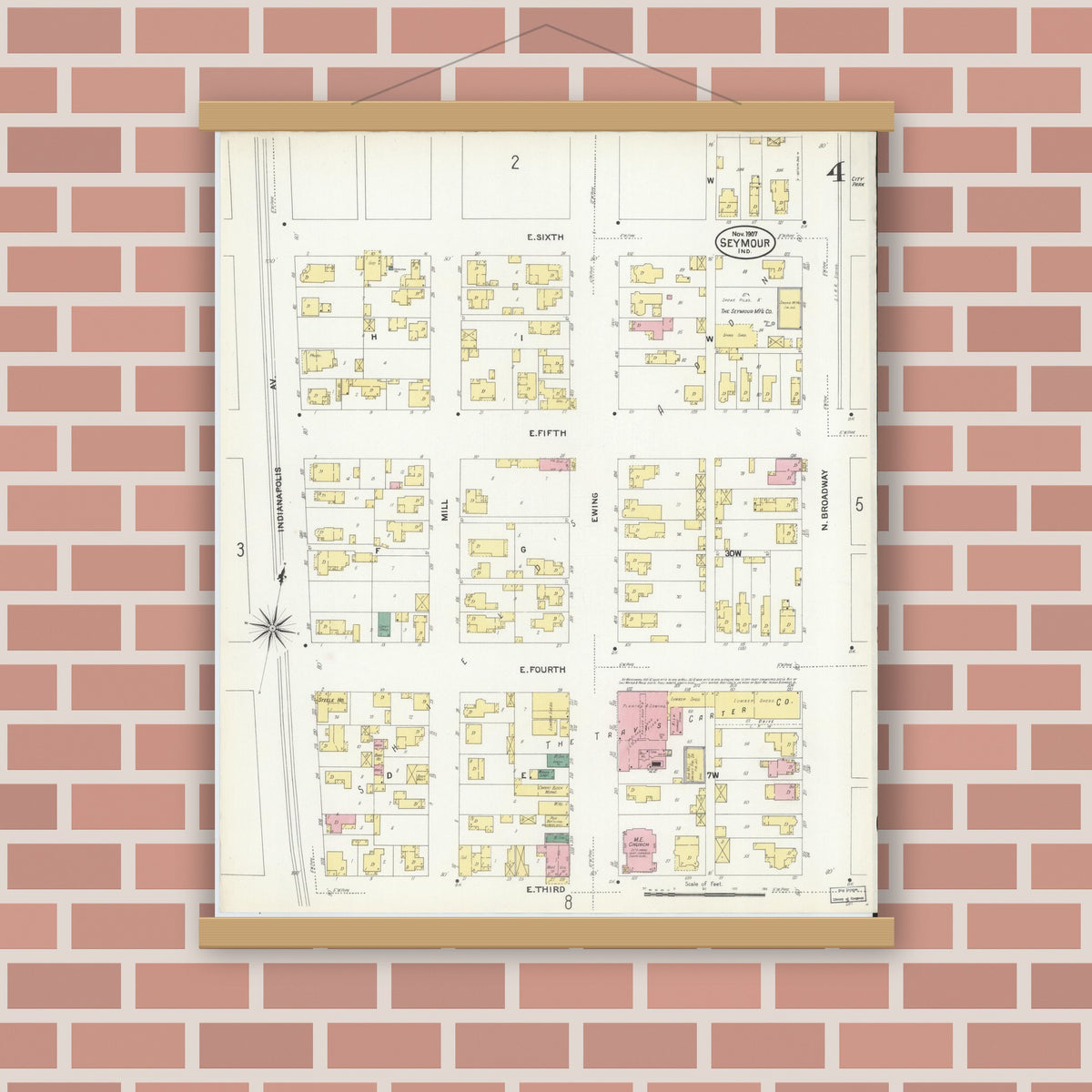 Old map wall art mockup — magnetic wood frame on brick wall — Sanborn Fire Insurance Map from Seymour, Jackson County, Indiana (1907), Sheet #0004