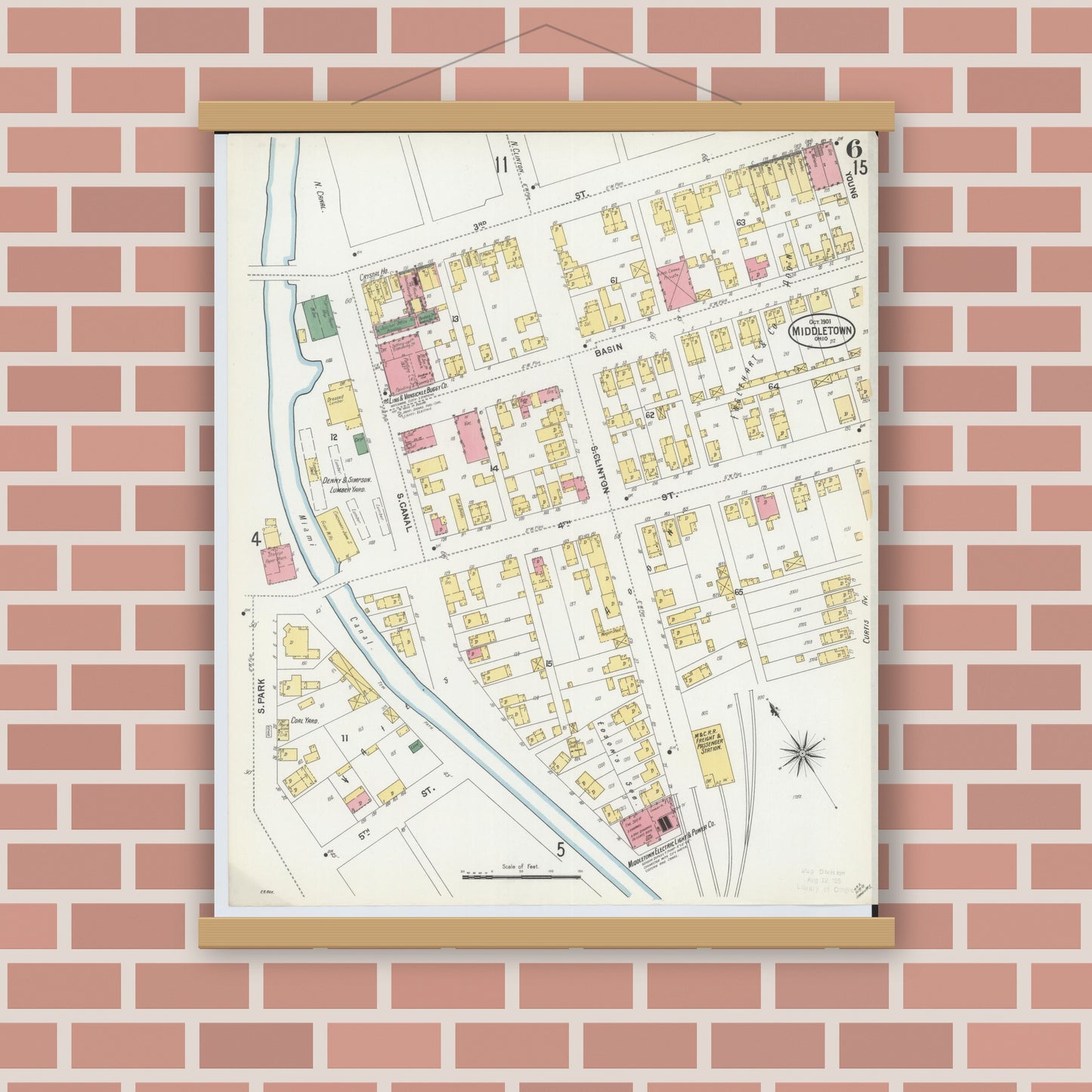 Old map wall art mockup — magnetic wood frame on brick wall — Sanborn Fire Insurance Map from Middletown, Butler County, Ohio (1901), Sheet #0006