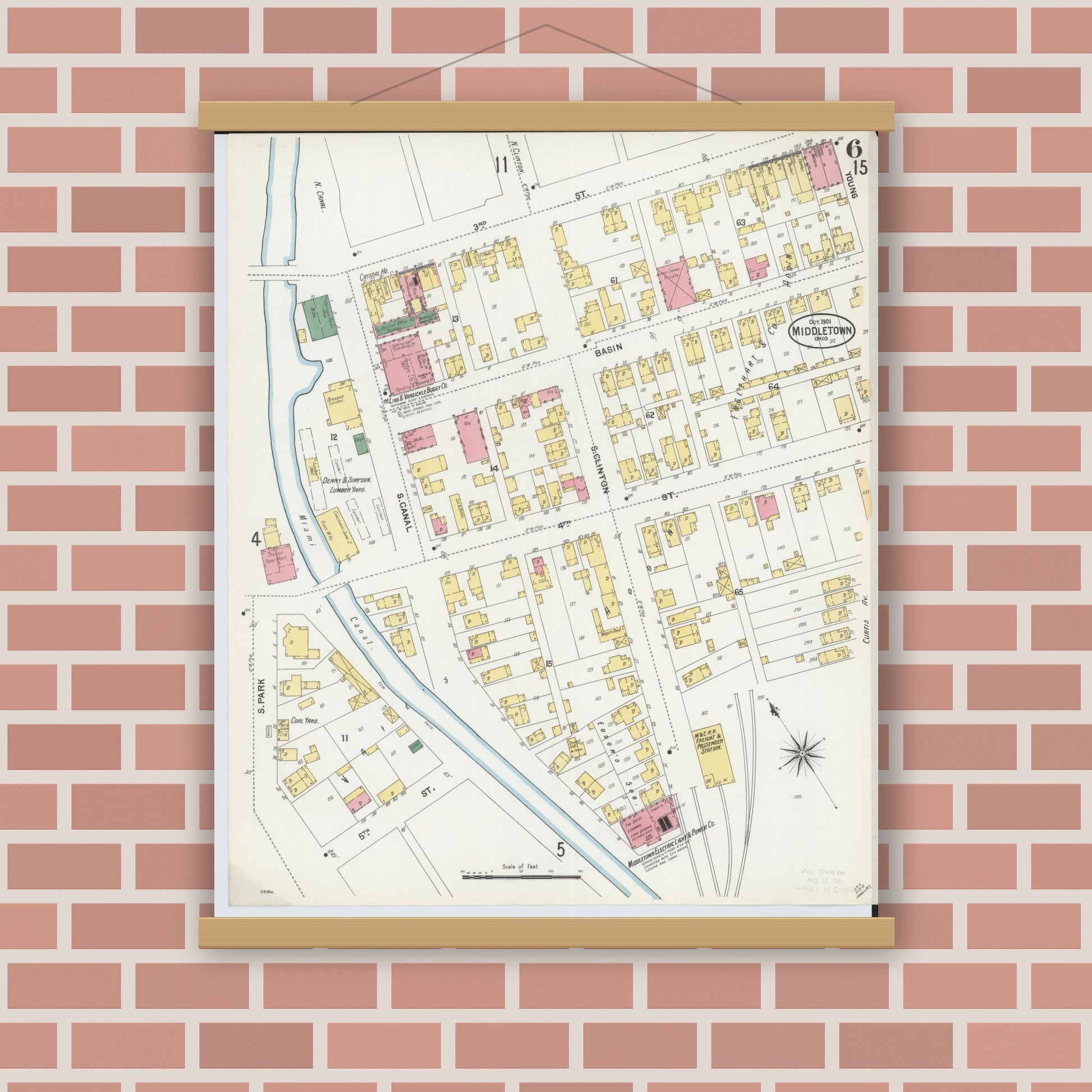 Old map wall art mockup — magnetic wood frame on brick wall — Sanborn Fire Insurance Map from Middletown, Butler County, Ohio (1901), Sheet #0006