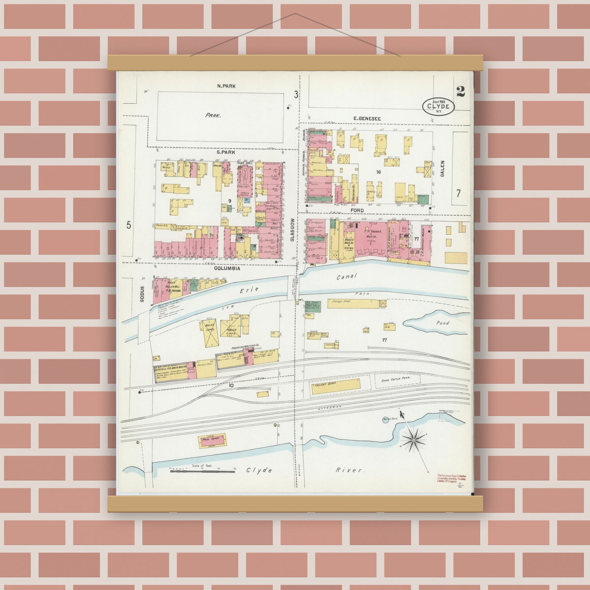 Old map wall art mockup — magnetic wood frame on brick wall — Sanborn Fire Insurance Map from Clyde, Wayne County, New York (1901), Sheet #0002
