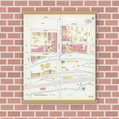 Old map wall art mockup — magnetic wood frame on brick wall — Sanborn Fire Insurance Map from Clyde, Wayne County, New York (1901), Sheet #0002