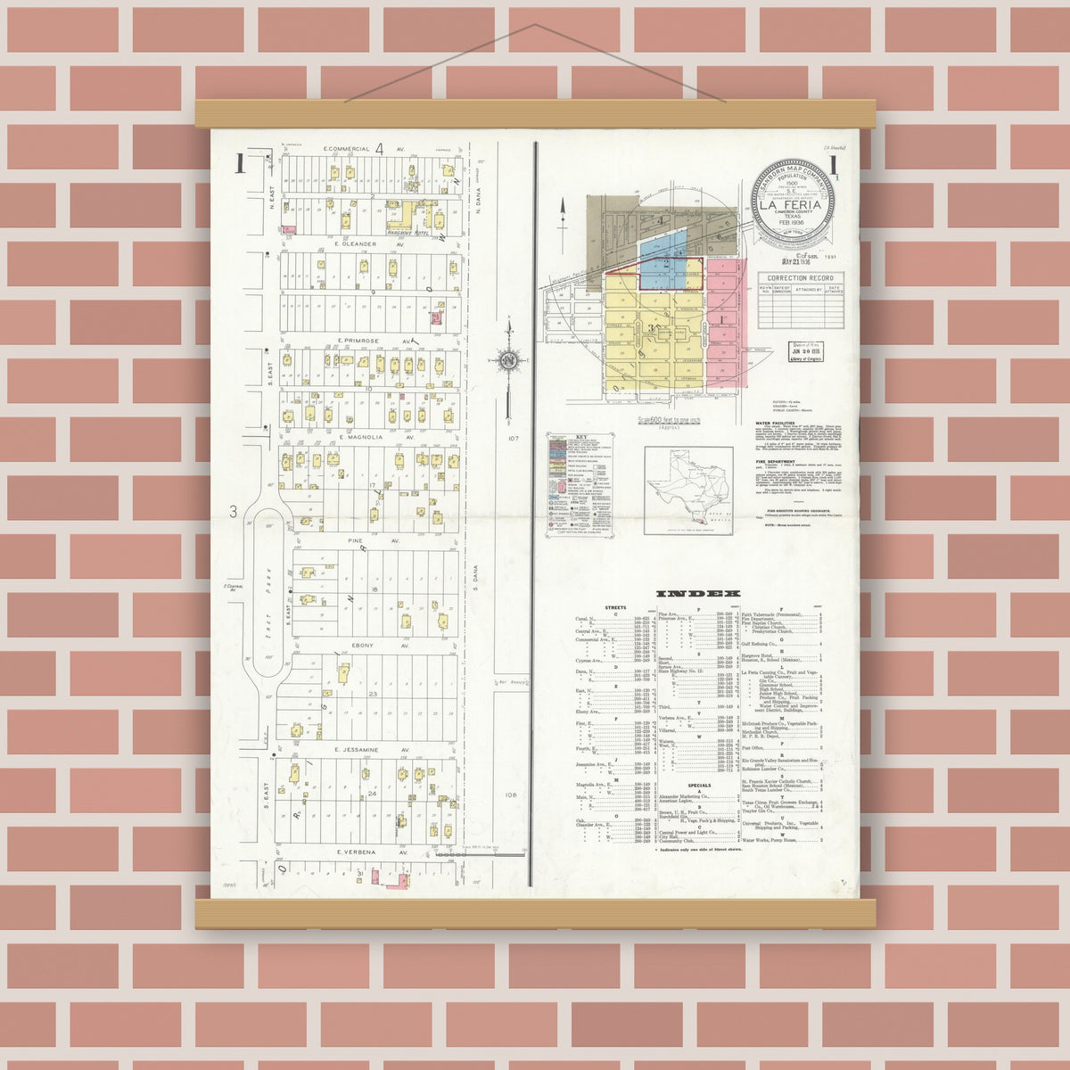Old map wall art mockup — magnetic wood frame on brick wall — Sanborn Fire Insurance Map from La Feria, Cameron County, Texas (1936), Sheet #0001
