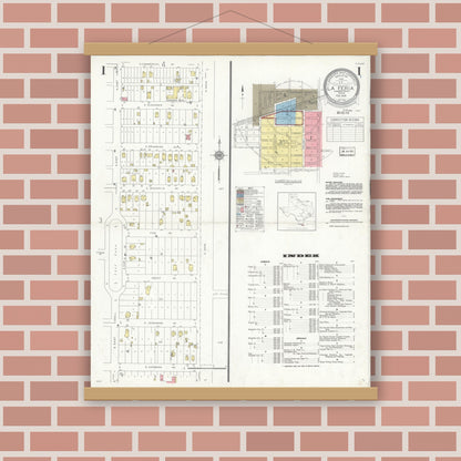 Old map wall art mockup — magnetic wood frame on brick wall — Sanborn Fire Insurance Map from La Feria, Cameron County, Texas (1936), Sheet #0001
