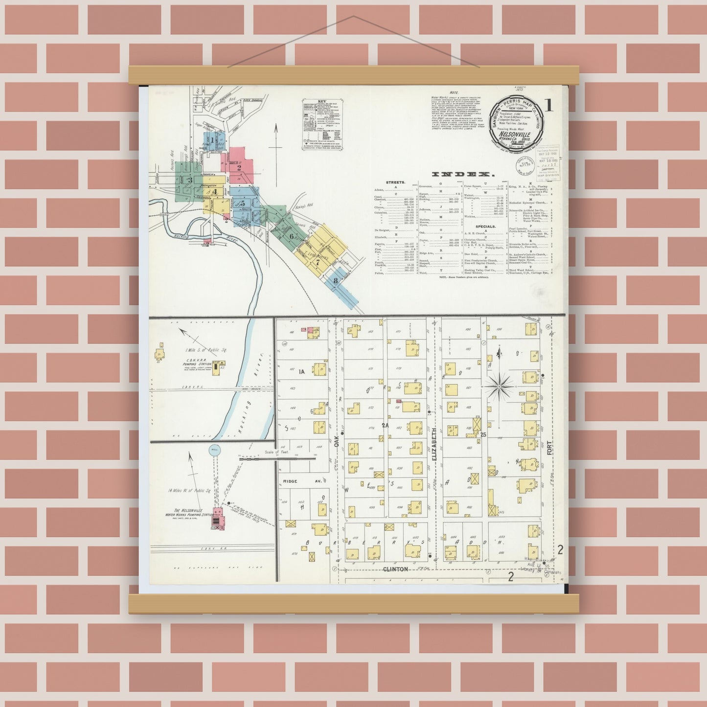Old map wall art mockup — magnetic wood frame on brick wall — Sanborn Fire Insurance Map from Nelsonville, Athens County, Ohio (1900), Sheet #0001